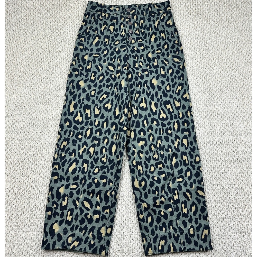 Free People Jeans Womens 6 Green Leopard We The Free Jordy Wide Leg Button Fly